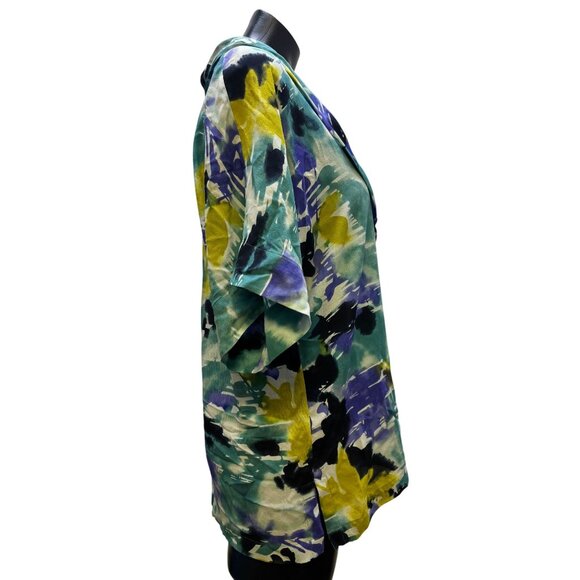 NWT St. John Silk & Lycra Blouse Teal Purple Abstract Print L - Picture 3 of 6